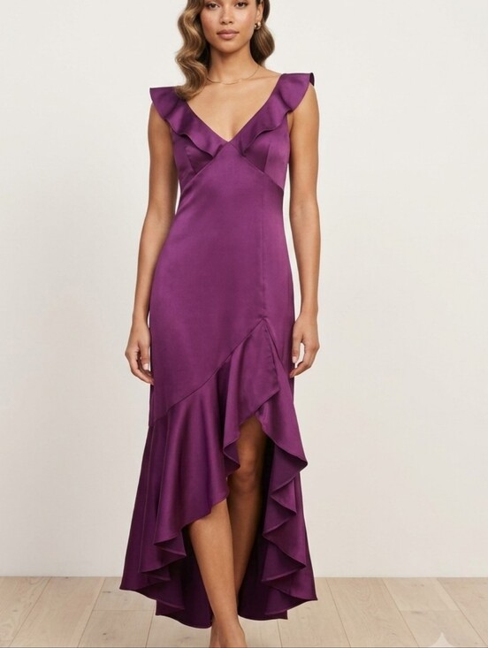 Express Dresses & Skirts - Express DEEP Burgundy Ruffle High-Low Satin Dress Sz Size 10